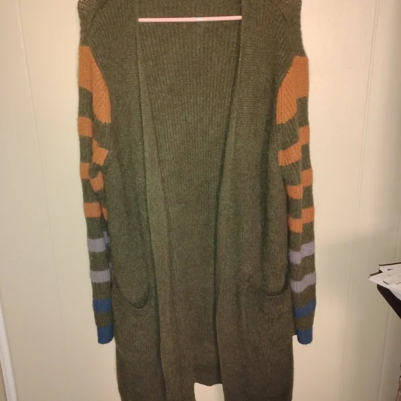 Cozy Olive Cardigan with Striped Sleeves - Picture 1 of 3